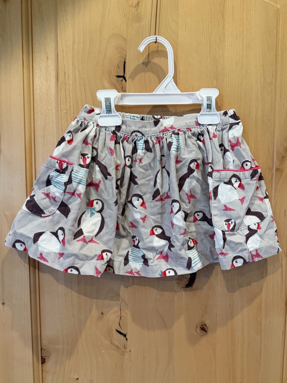 Mini Boden Girls Corduroy Puffin Print Skirt in Gray and Pink